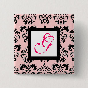 Badge Carré 5 Cm ROSE BLACK DAMASK CARRÉ BLANC MONOGRAM Fuchsia