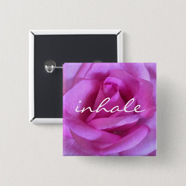 Badge Carré 5 Cm Rose Fleur Photo Inhale Script moderne Bold (Devant & derrière)