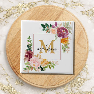 Badge Carré 5 Cm Rose florale botanique élégante à l'aquarelle Mono