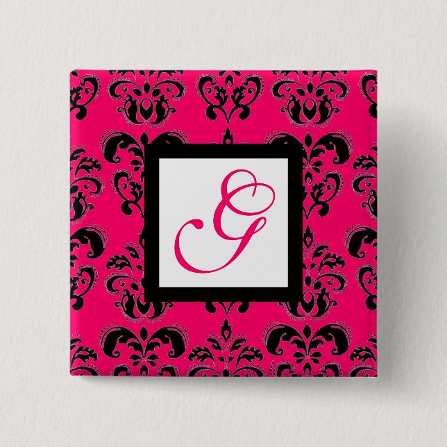 BADGE CARRÉ 5 CM ROSE FUCHSIA DAMASK CARRÉ BLANC MONOGRAM (Devant)