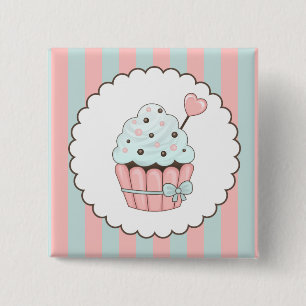 Badge Carré 5 Cm Rose mignon de petit gâteau et conception bleue en