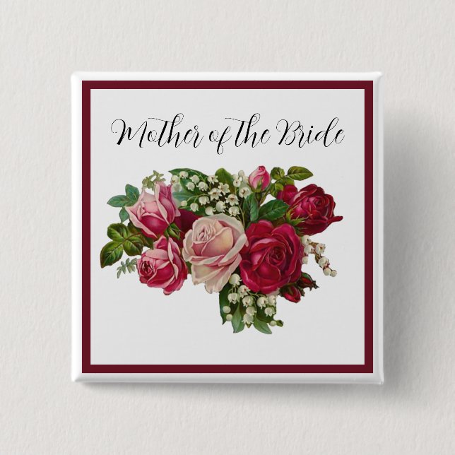 Badge Carré 5 Cm Rose victorien classique Lily Valley Mère de marié (Devant)