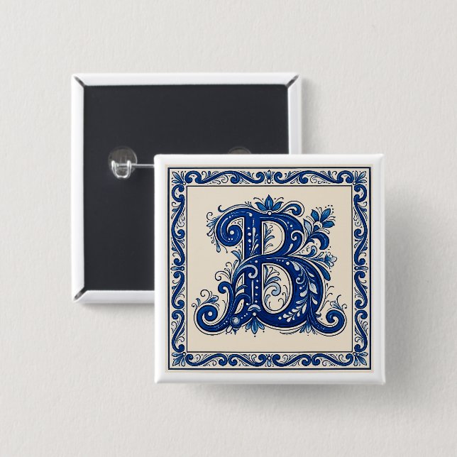 Badge Carré 5 Cm Rosemaling Monogram-Bleu de Prusse (Devant & derrière)