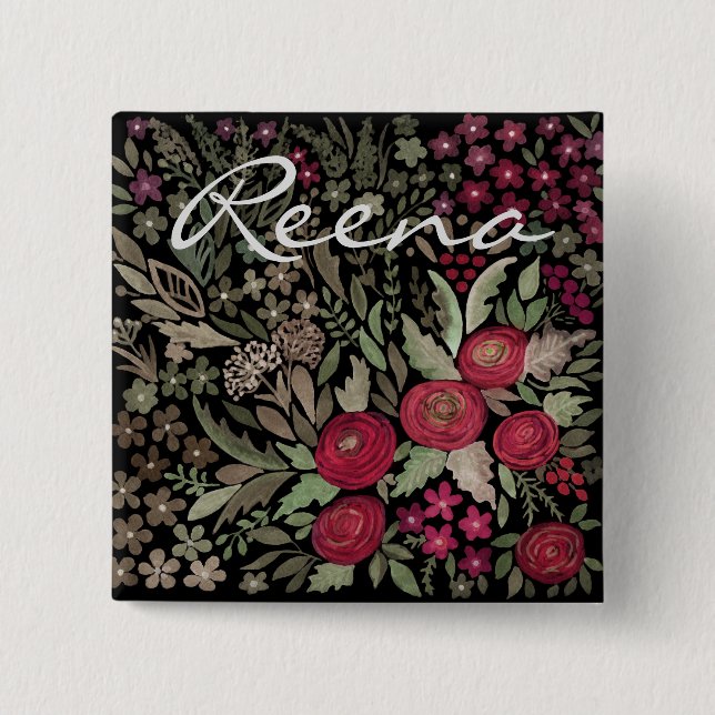 Badge Carré 5 Cm Roses aquarelle, sur un arrière - plan noir, aquar (Devant)