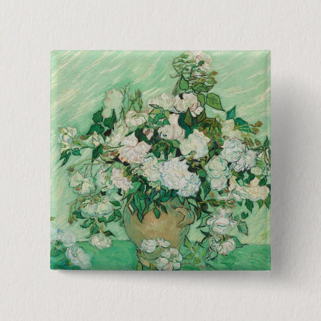 Badge Carré 5 Cm Roses - Bouquet de fleurs (Devant)