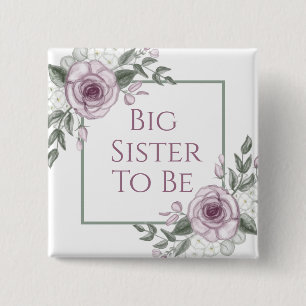 Badge Carré 5 Cm Roses mauve, Big Sister to be, Baby shower