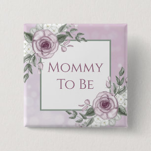 Badge Carré 5 Cm Roses mauves, Maman à être, Bouton Baby shower
