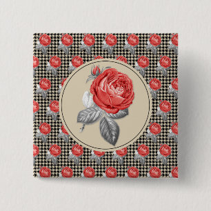 Badge Carré 5 Cm Roses roses vintage et motif pied-de-poule