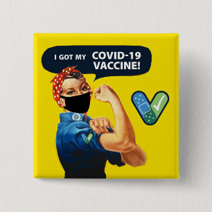 Badge Carré 5 Cm Rosie le Riveter, j'ai mon bouton de vaccin COVID-
