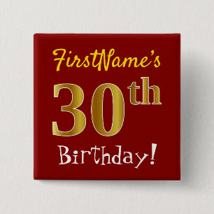 Badge Carré 5 Cm Rouge, anniversaire d'or de Faux 30ème, avec le