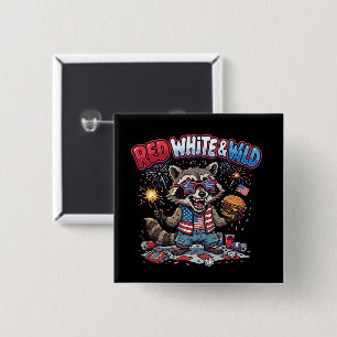 Badge Carré 5 Cm Rouge Blanc et Raton Laveur Sauvage 4 juillet