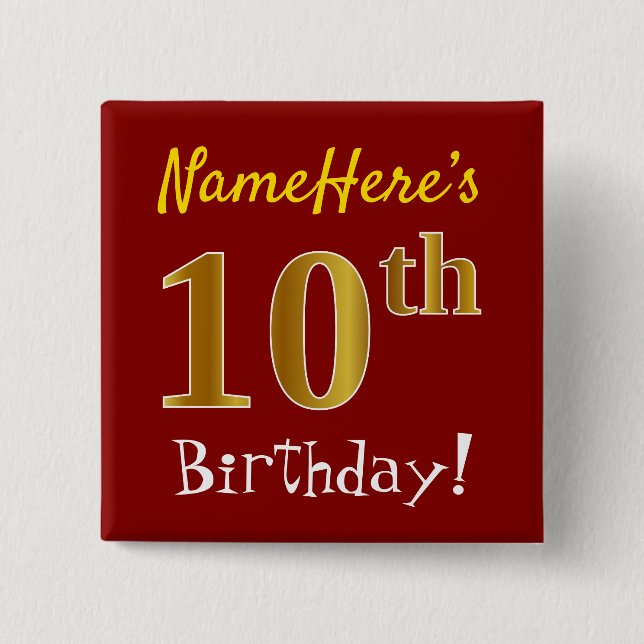 Badge Carré 5 Cm Rouge, Faux Gold 10e Anniversaire, Avec Nom Person (Devant)