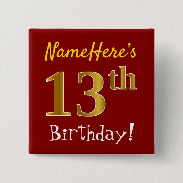 Badge Carré 5 Cm Rouge, Faux Gold 13e anniversaire, avec nom person (Devant)