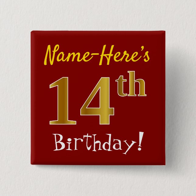 Badge Carré 5 Cm Rouge, Faux Gold 14ème Anniversaire, Avec Nom Pers (Devant)