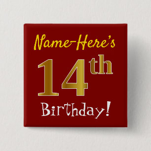 Badge Carré 5 Cm Rouge, Faux Gold 14ème Anniversaire, Avec Nom Pers