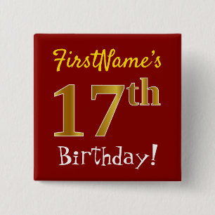 Badge Carré 5 Cm Rouge, Faux Gold 17e anniversaire, avec nom person