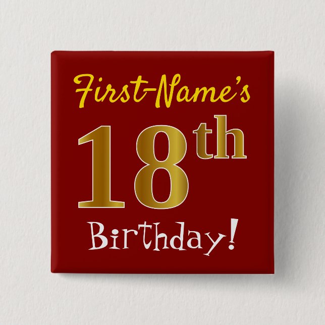 Badge Carré 5 Cm Rouge, Faux Gold 18e anniversaire, avec nom person (Devant)