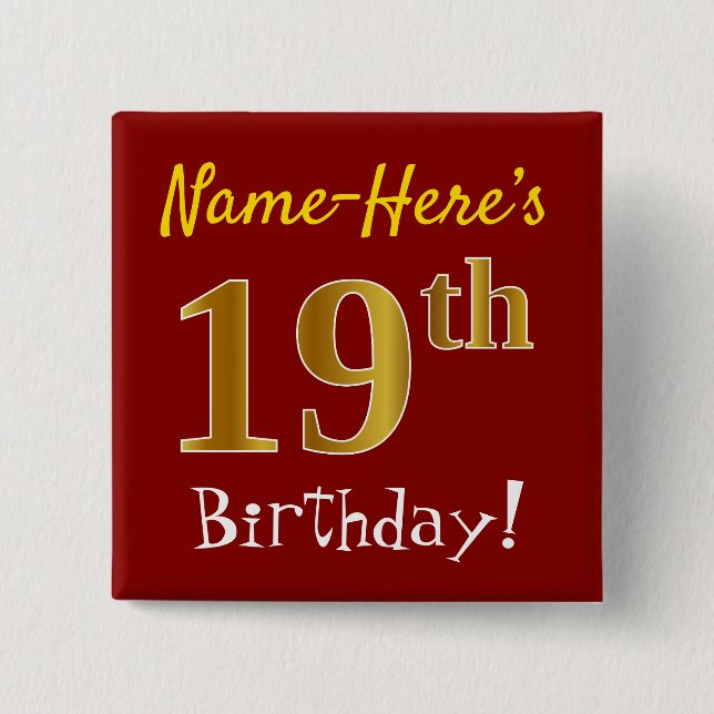 Badge Carré 5 Cm Rouge, Faux Gold 19e Anniversaire, Avec Nom Person (Devant)
