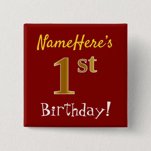 Badge Carré 5 Cm Rouge, Faux Gold 1er Anniversaire, Avec Nom Person (Devant)