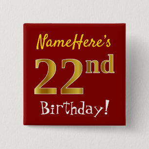 Badge Carré 5 Cm Rouge, Faux Gold 22e anniversaire, avec nom person
