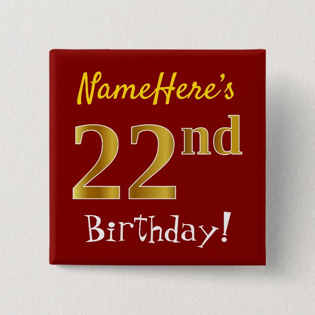 Badge Carré 5 Cm Rouge, Faux Gold 22e anniversaire, avec nom person (Devant)