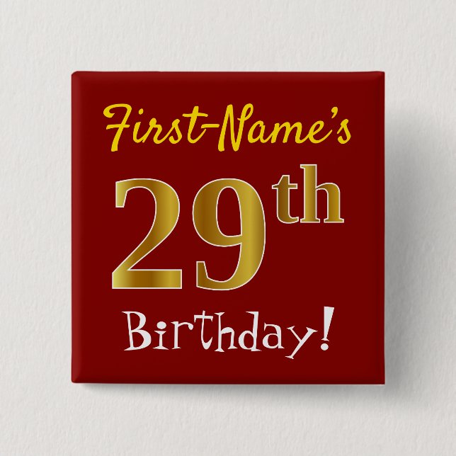 Badge Carré 5 Cm Rouge, Faux Gold 29e Anniversaire, Avec Nom Person (Devant)