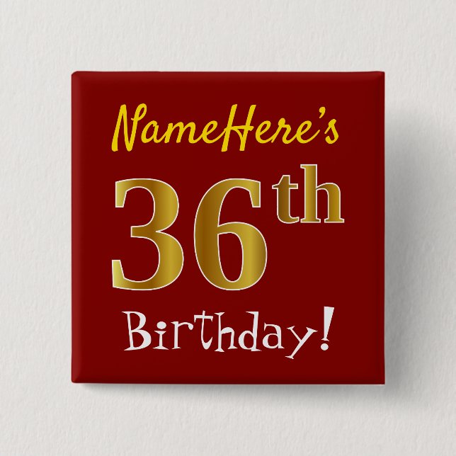 Badge Carré 5 Cm Rouge, Faux Gold 36e anniversaire, avec nom person (Devant)