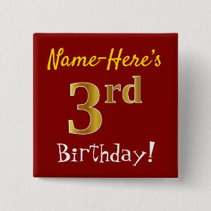 Badge Carré 5 Cm Rouge, Faux Gold 3e anniversaire, avec nom personn