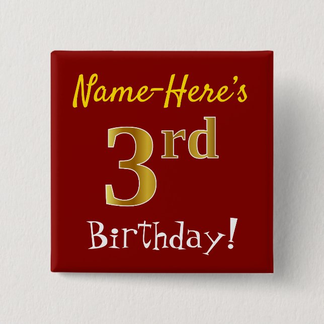 Badge Carré 5 Cm Rouge, Faux Gold 3e anniversaire, avec nom personn (Devant)