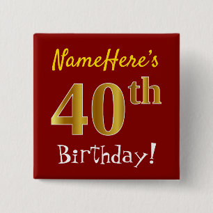 Badge Carré 5 Cm Rouge, Faux Gold 40e Anniversaire, Avec Nom Person