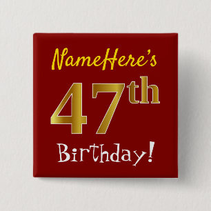 Badge Carré 5 Cm Rouge, Faux Gold 47e Anniversaire, Avec Nom Person