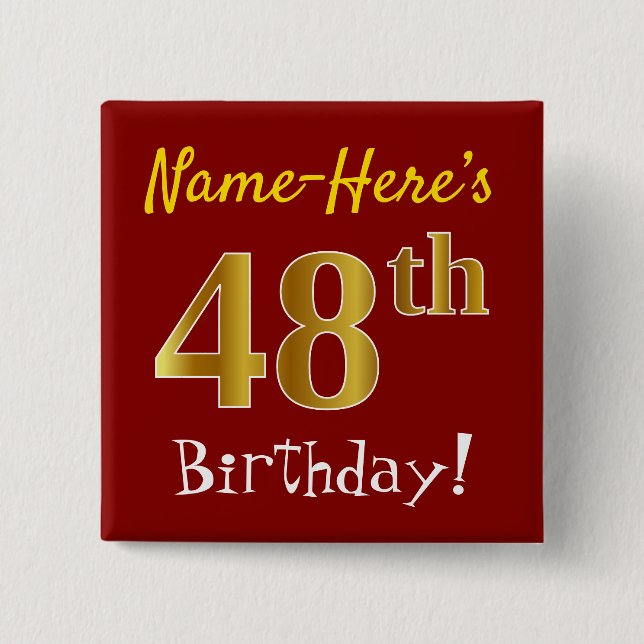 Badge Carré 5 Cm Rouge, Faux Gold 48ème Anniversaire, Avec Nom Pers (Devant)