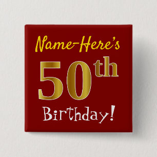 Badge Carré 5 Cm Rouge, Faux Gold 50e Anniversaire, Avec Nom Person