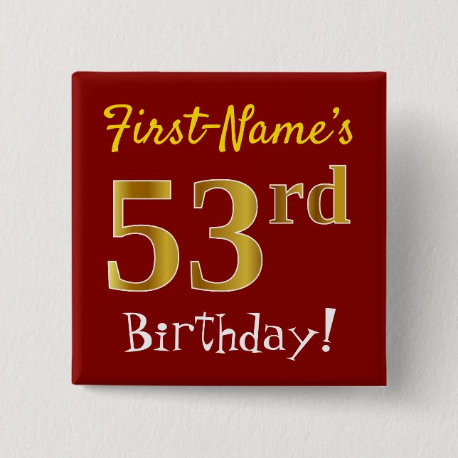 Badge Carré 5 Cm Rouge, Faux Gold 53ème Anniversaire, Avec Nom Pers (Devant)