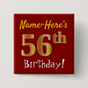 Badge Carré 5 Cm Rouge, Faux Gold 56e Anniversaire, Avec Nom Person