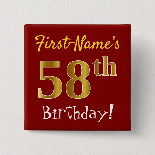 Badge Carré 5 Cm Rouge, Faux Gold 58ème Anniversaire, Avec Nom Pers (Devant)
