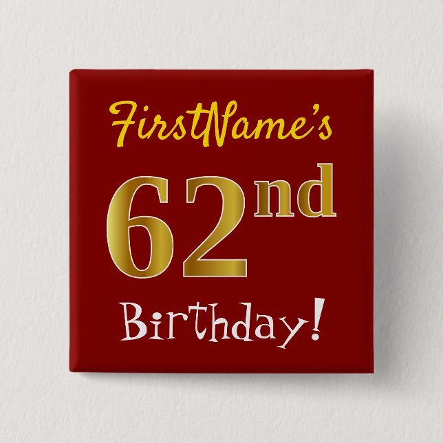 Badge Carré 5 Cm Rouge, Faux Gold 62e anniversaire, avec nom person (Devant)