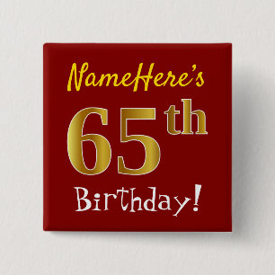 Badge Carré 5 Cm Rouge, Faux Gold 65e anniversaire, avec nom person