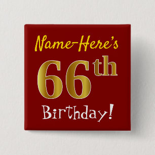 Badge Carré 5 Cm Rouge, Faux Gold 66e anniversaire, avec nom person