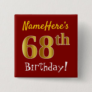 Badge Carré 5 Cm Rouge, Faux Gold 68e anniversaire, avec nom person