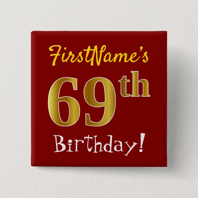 Badge Carré 5 Cm Rouge, Faux Gold 69e anniversaire, avec nom person (Devant)