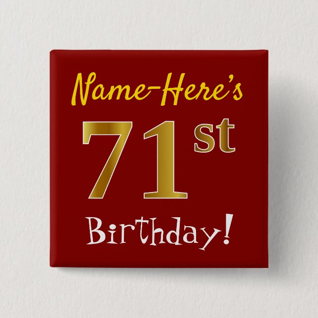Badge Carré 5 Cm Rouge, Faux Gold 71ème Anniversaire, Avec Nom Pers (Devant)