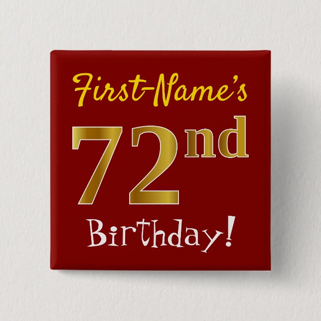Badge Carré 5 Cm Rouge, Faux Gold 72e anniversaire, avec nom person (Devant)