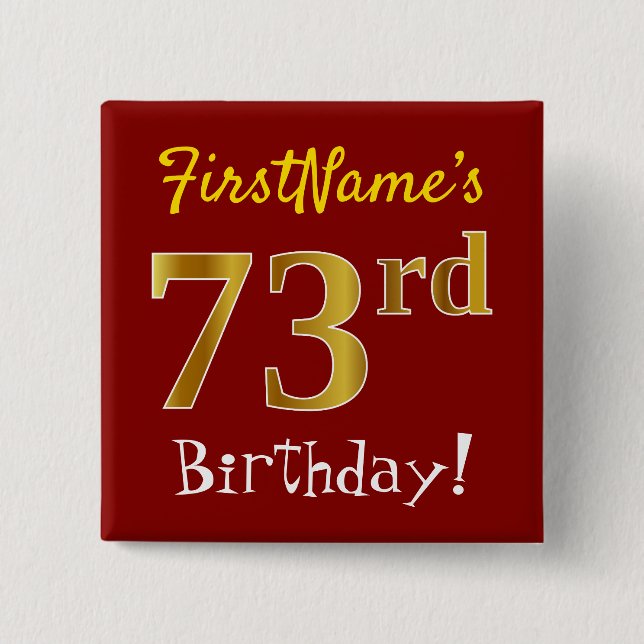 Badge Carré 5 Cm Rouge, Faux Gold 73e anniversaire, avec nom person (Devant)