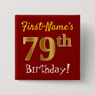 Badge Carré 5 Cm Rouge, Faux Gold 79e Anniversaire, Avec Nom Person