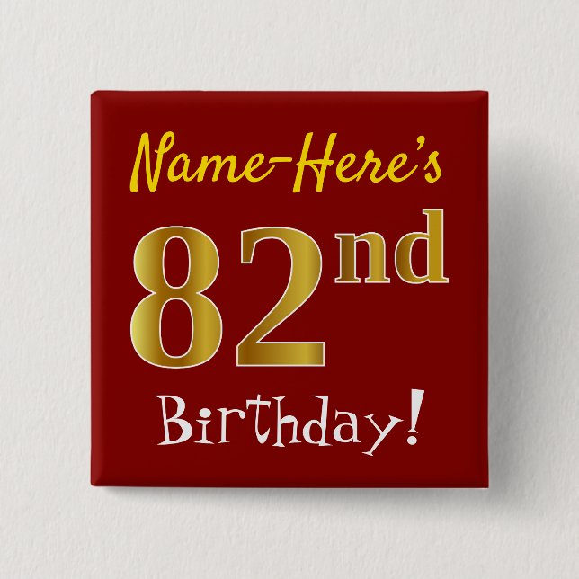 Badge Carré 5 Cm Rouge, Faux Gold 82e anniversaire, avec nom person (Devant)