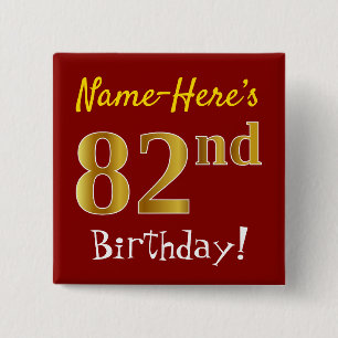 Badge Carré 5 Cm Rouge, Faux Gold 82e anniversaire, avec nom person