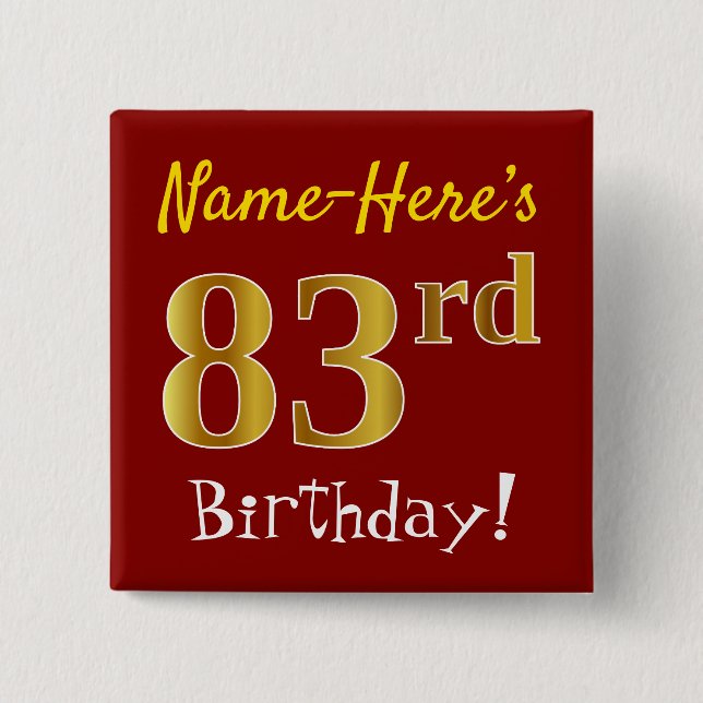 Badge Carré 5 Cm Rouge, Faux Gold 83e anniversaire, avec nom person (Devant)