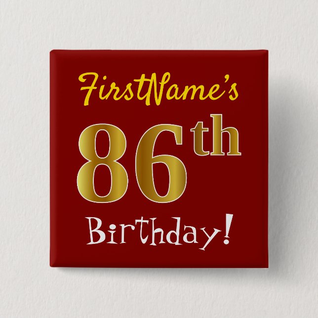 Badge Carré 5 Cm Rouge, Faux Gold 86e anniversaire, avec nom person (Devant)