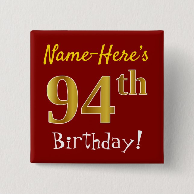Badge Carré 5 Cm Rouge, Faux Gold 94ème Anniversaire, Avec Nom Pers (Devant)